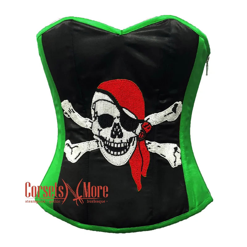 Corset for stylish contours-Green and Black Satin Pirate Sequins Work Costume Bustier Steampunk Waist Cincher Overbust Top