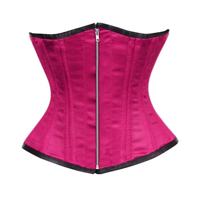 Corset with sheer piping-Royal Pink Satin Double Bone Front Silver Zipper Gothic Underbust Bustier Corset