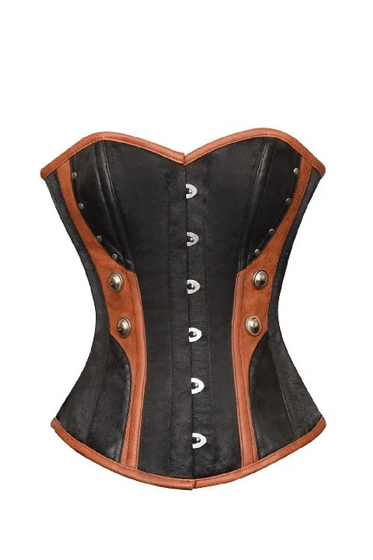 Corset for sleek glamour-Black Satin Corset Brown Faux Leather Halloween Costume Overbust Bustier Top