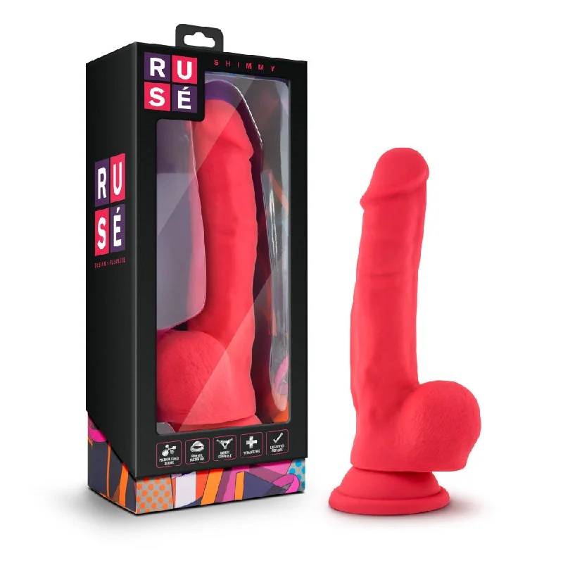 quake-dildo-Ruse By Blush® | Shimmy Realistic G-Spot Cerise 8.75-Inch Long Dildo With Balls & Suction Cup Base