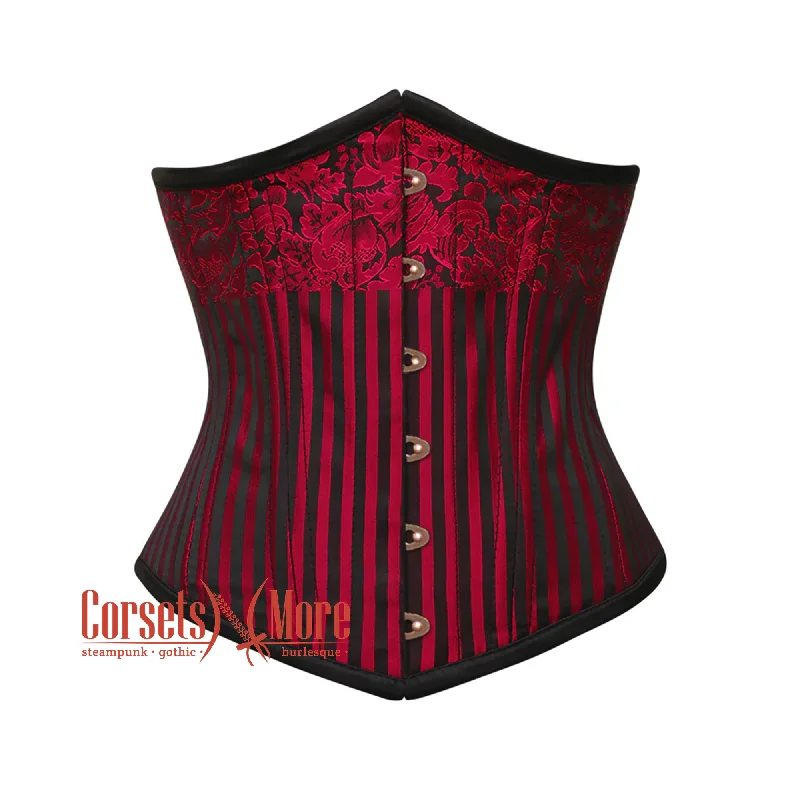 Corset top with velvet edging-Red and Black Brocade Steel Boned Front Antique Busk Underbust Corset