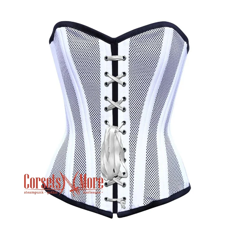 Corset with sheer edging-Plus Size White Satin With Mesh White Lace Double Bone Burlesque Gothic Overbust Corset Bustier Top