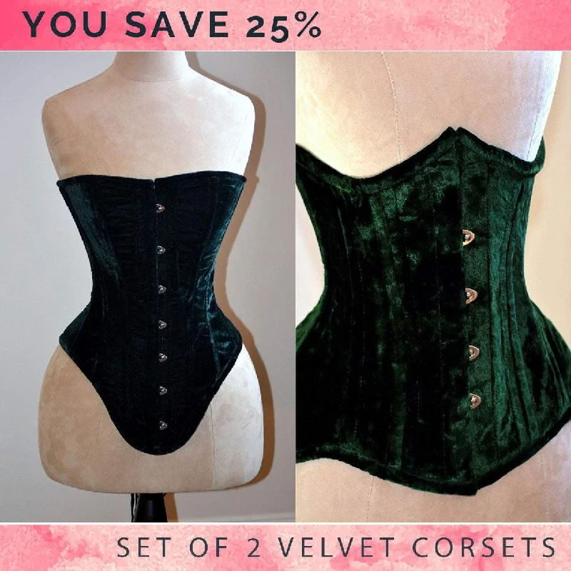 Corset with gemstone accents-The set of 2 velvet best sellers: Edwardian overbust and underbust corsets. Steelbone custom made corset, gothic, steampunk, victorian