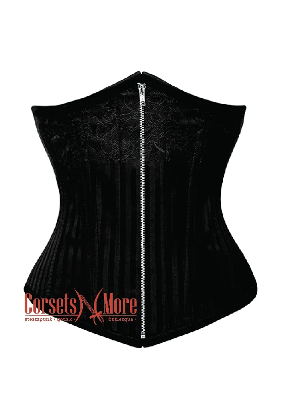 Corset with lace ribbon-Black Brocade With Silver Zipper Gothic Burlesque Underbust Corset