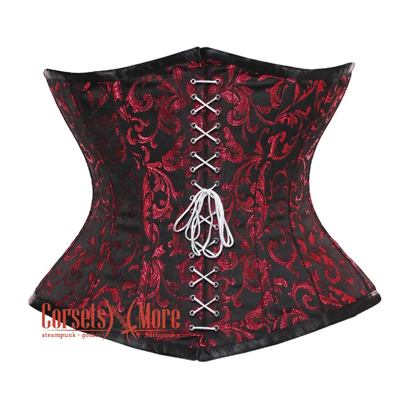 Corset with satin ribbon-Red And Black Brocade Front White Lace Waist Training Steampunk Costume Underbust Corset