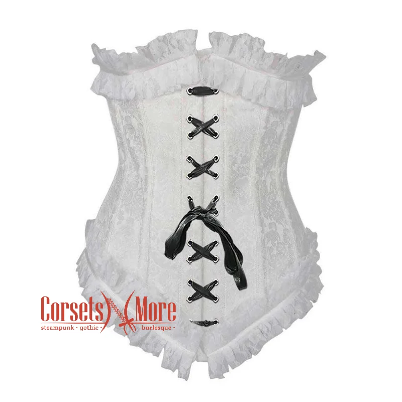 Corset top with sheer ruffle-Plus Size White Brocade Black Lace Frill Net Design Gothic Waist Training Underbust Corset Bustier Top