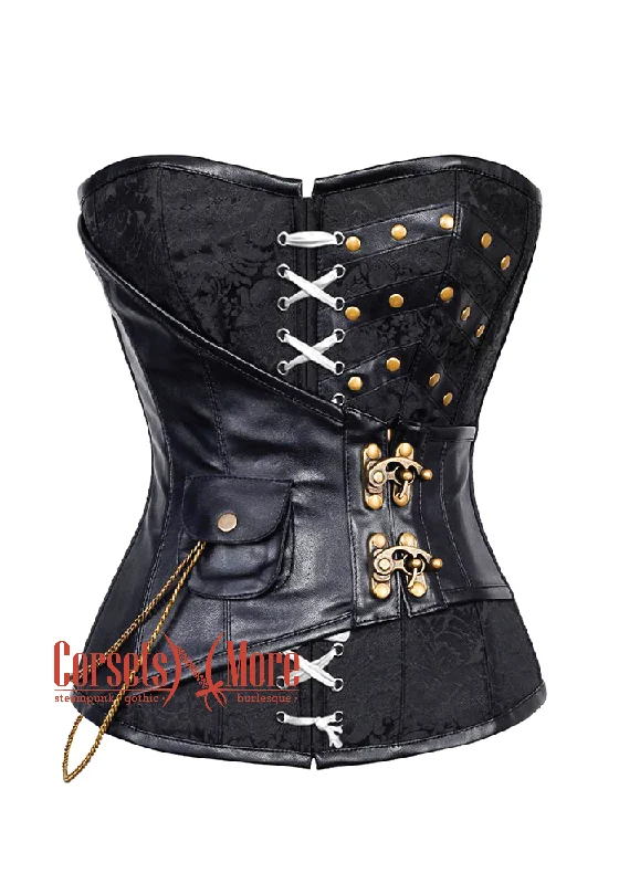 Corset top with ruched ribbon-Black Brocade Leather With Front Lace Steampunk Overbust Costume Corset