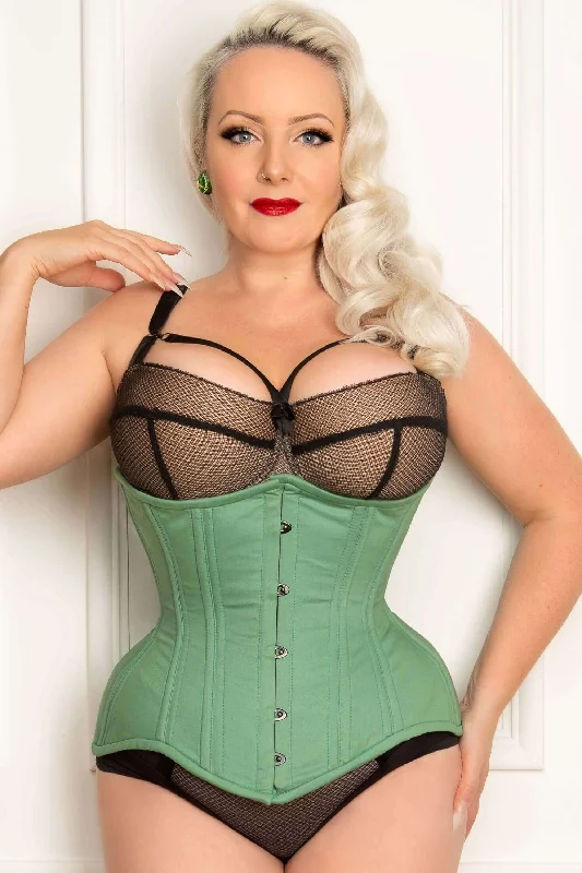 Corset dress with sheer overlay-Curvella Long 24 Bone Mint Cotton Waist Training Corset