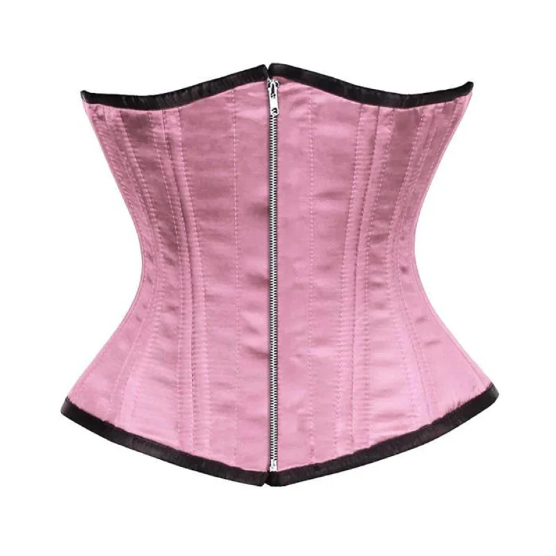 Corset dress for summer glamour-Baby Pink Satin Double Bone Front Silver Zipper Gothic Underbust Bustier Corset