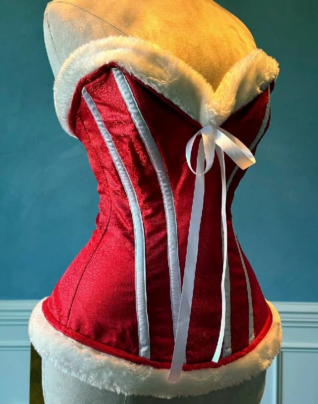 Corset for refined allure-Red satin with white bones and fur affordable Santa Christmas corset. Corset is made personally according to your measurements.