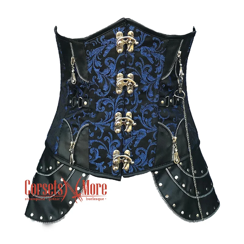 Corset in muted violet-Blue And Black Brocade Black Faux Leather Steampunk Costume Heavy Duty Underbust Corset