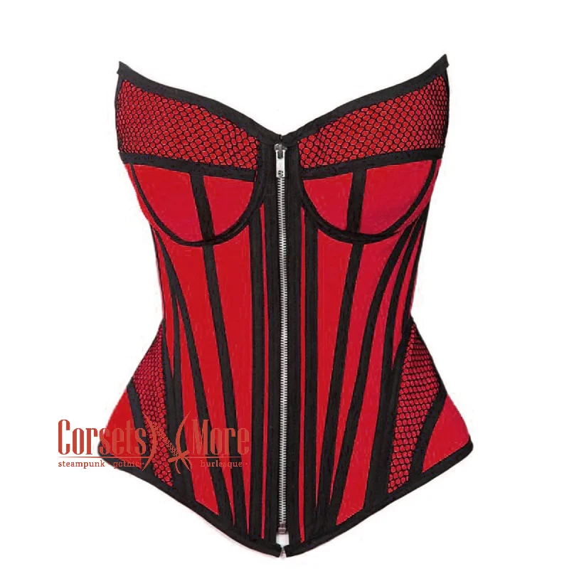 Corset dress for autumn allure-Red Satin black mesh Zipper Steampunk Overbust Bustier Corset