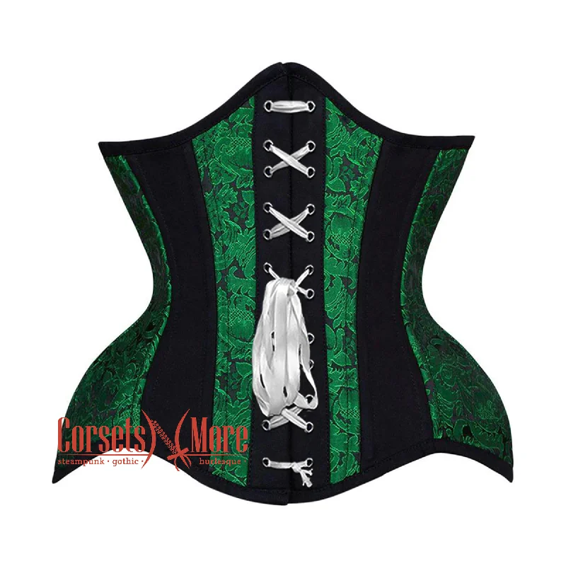 Corset with ruched ribbon-Plus Size Green Black Brocade Black Cotton Stripe Front White Lace Steampunk Underbust Corset