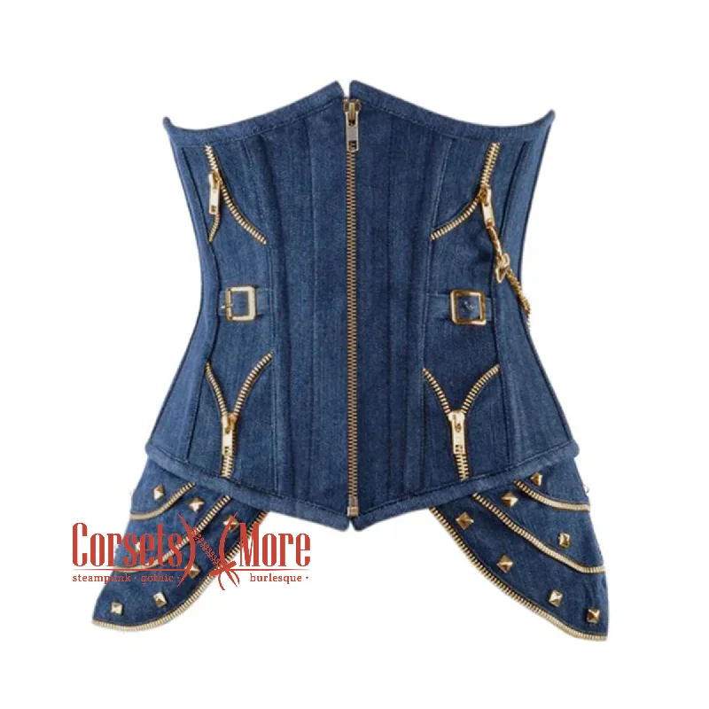 Corset for refined glamour-Blue Denim Gothic Heavy Duty Front Zipper Steampunk Waist Training Underbust Corset