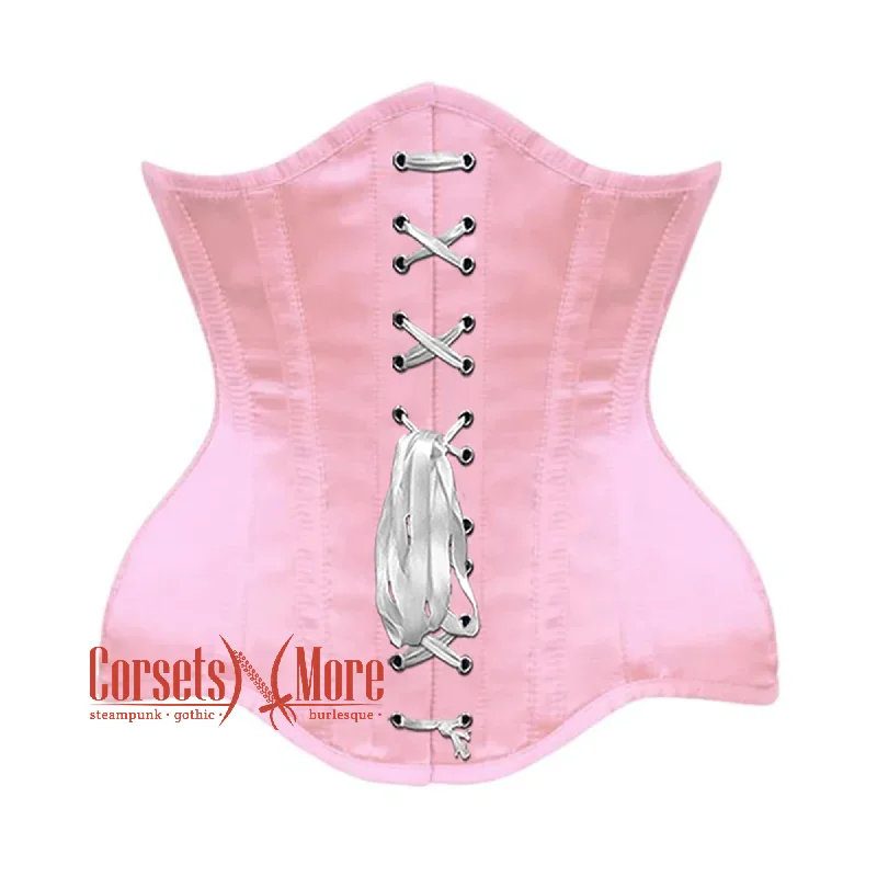 Corset for refined allure-Plus size Baby Pink Satin Burlesque Gothic Front Lace Waist Training Underbust Corset