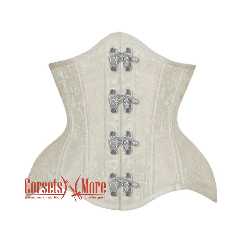 Corset with sheer ribbon-White Brocade With Front Clasps Gothic Underbust Waist Training Corset