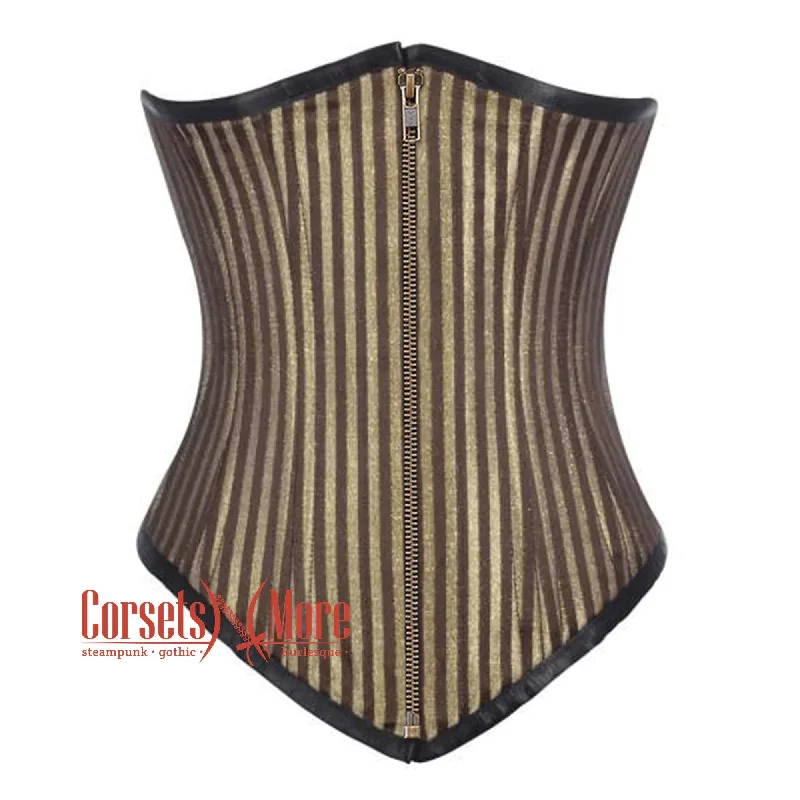 Corset for striking contours-Brown and Golden Brocade With Antique Zipper Gothic Long Underbust Waist Training Corset