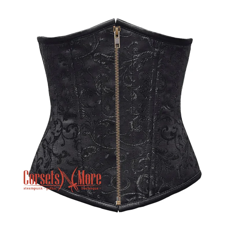 Corset in soft rose-Plue Size Black Brocade Front Antique Zipper Double Boned Underbust Gothic Corset