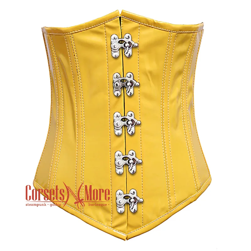 Corset with velvet ribbon-Yellow PVC Leather With Front Silver Clasps Gothic Long Underbust Waist Training Corset