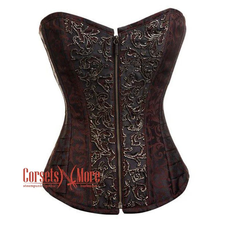 Corset for refined contours-Brown And Black Brocade Sequins Work Burlesque Gothic Overbust Bustier Corset