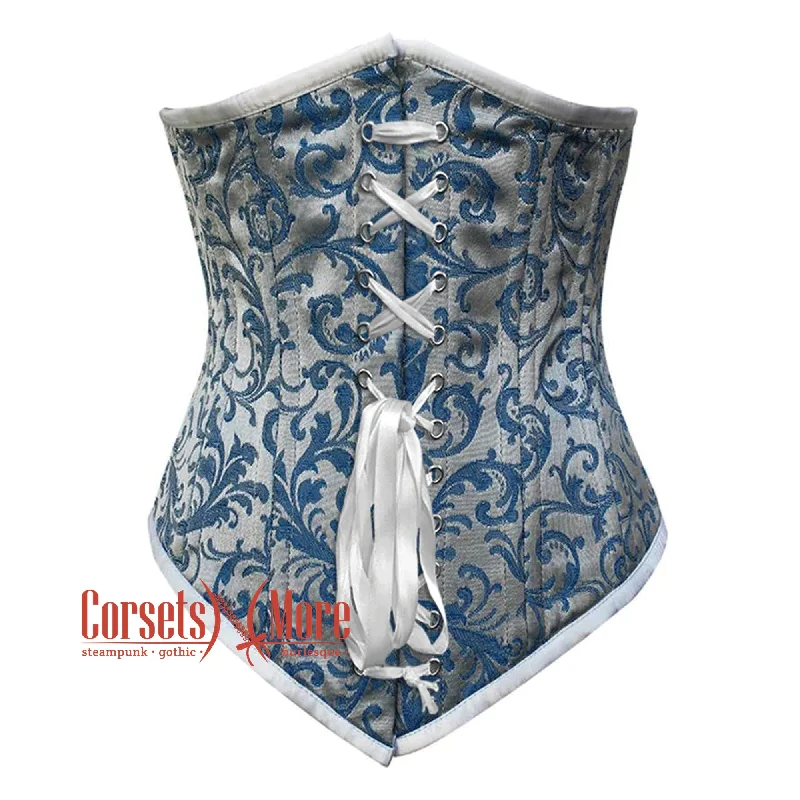 Corset dress in rich aqua-Baby Blue Brocade With White Lace Gothic Long Underbust Waist Training Double Bone Corset