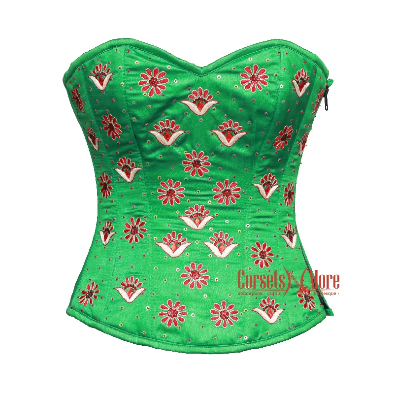 Corset dress for evening chic-Scarlett Vesper Green Satin Sequins Plus Size Overbust Corset