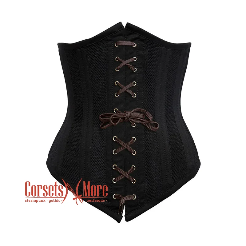 Corset for graceful chic-Plus Size Black Cotton Mesh Double Boned Front Brown Lace Long Underbust Steampunk Corset