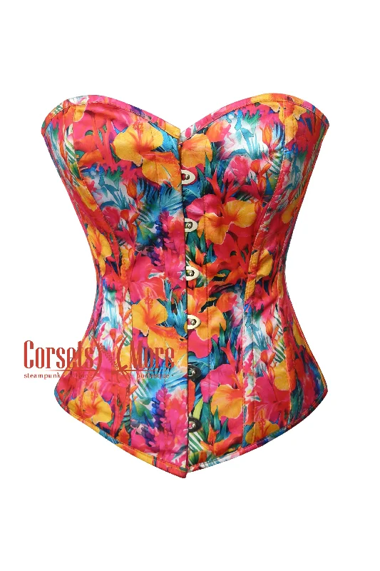 Corset top in muted blush-Tropical Floral Hibiscus Flowers Print Corset Bustier Overbust Halloween Top