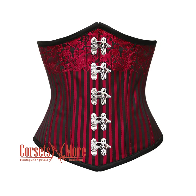 Corset in pale emerald-Red and Black Brocade Steel Boned Front Silver Clasps Underbust Corset