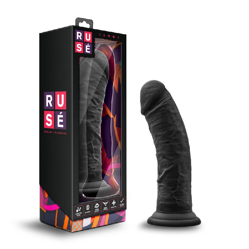 six-speed-dildo-Ruse By Blush® | Jammy Realistic Curved G-Spot Black 8-Inch Long Dildo With Suction Cup Base