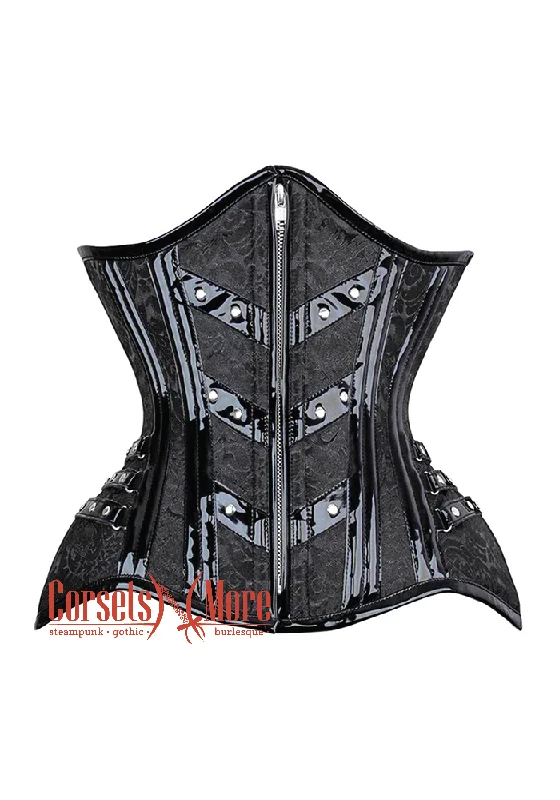 Corset in rich blush-Black Leather and Brocade Steampunk Underbust Costume Corset