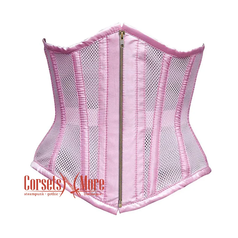 Corset with satin ribbon-Baby Pink Mesh Satin Stripes Burlesque Gothic Antique Zipper Waist Training Underbust Corset