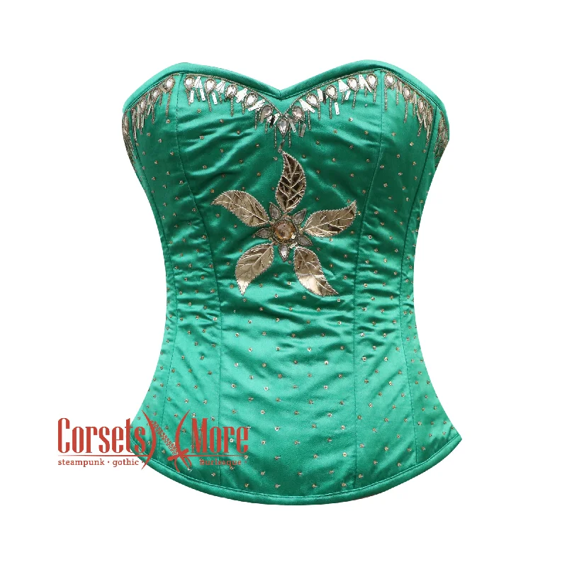 Corset dress for night allure-Green Satin Gold Sequins Burlesque Gothic Costume Overbust Bustier Top