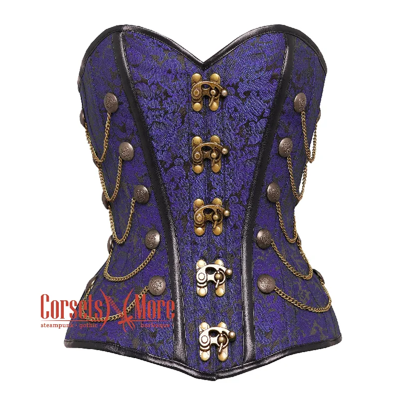 Corset top in deep cerulean-Purple and Black Brocade Steampunk Antique Clasps Waist Training Costume Gothic Corset Overbust Top