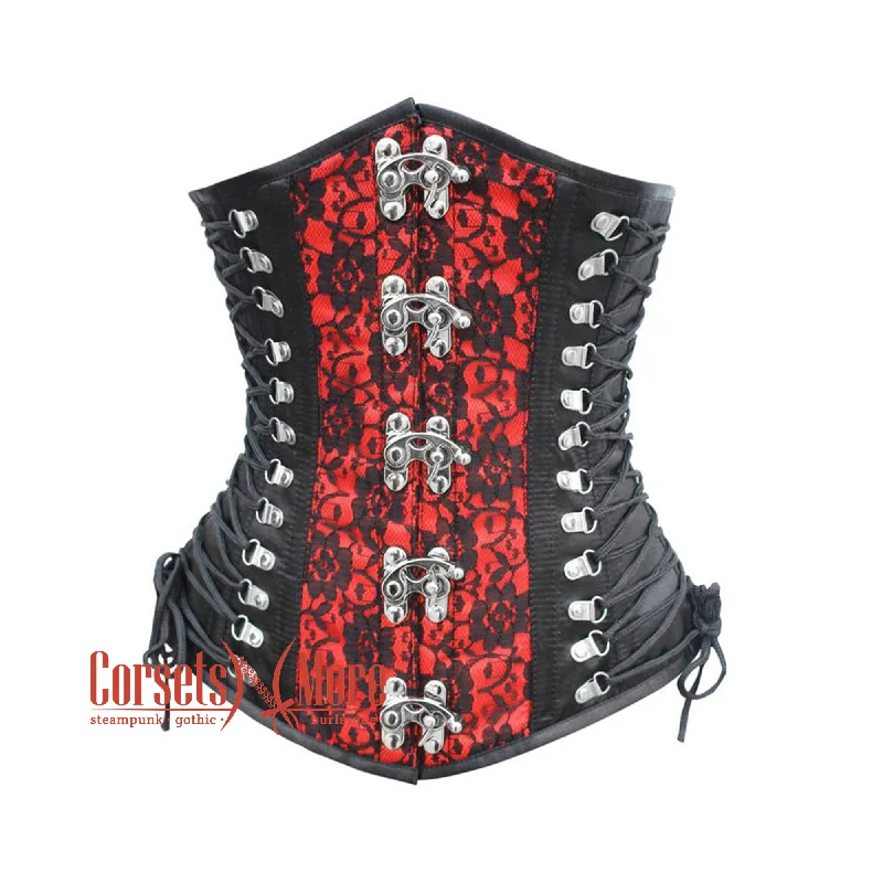 Corset in muted cerise-Black And Red Satin Net Overlay Gothic Waist Training Steampunk Underbust Corset