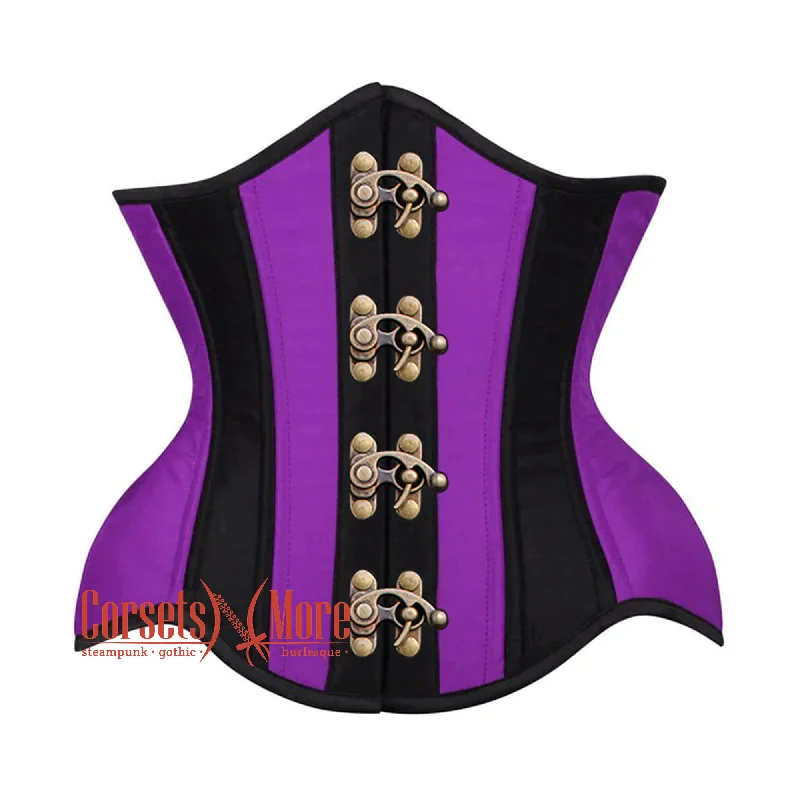 Corset with floral edging-Purple And Black Satin Front Antique Clasps Burlesque Waist Training Underbust Corset