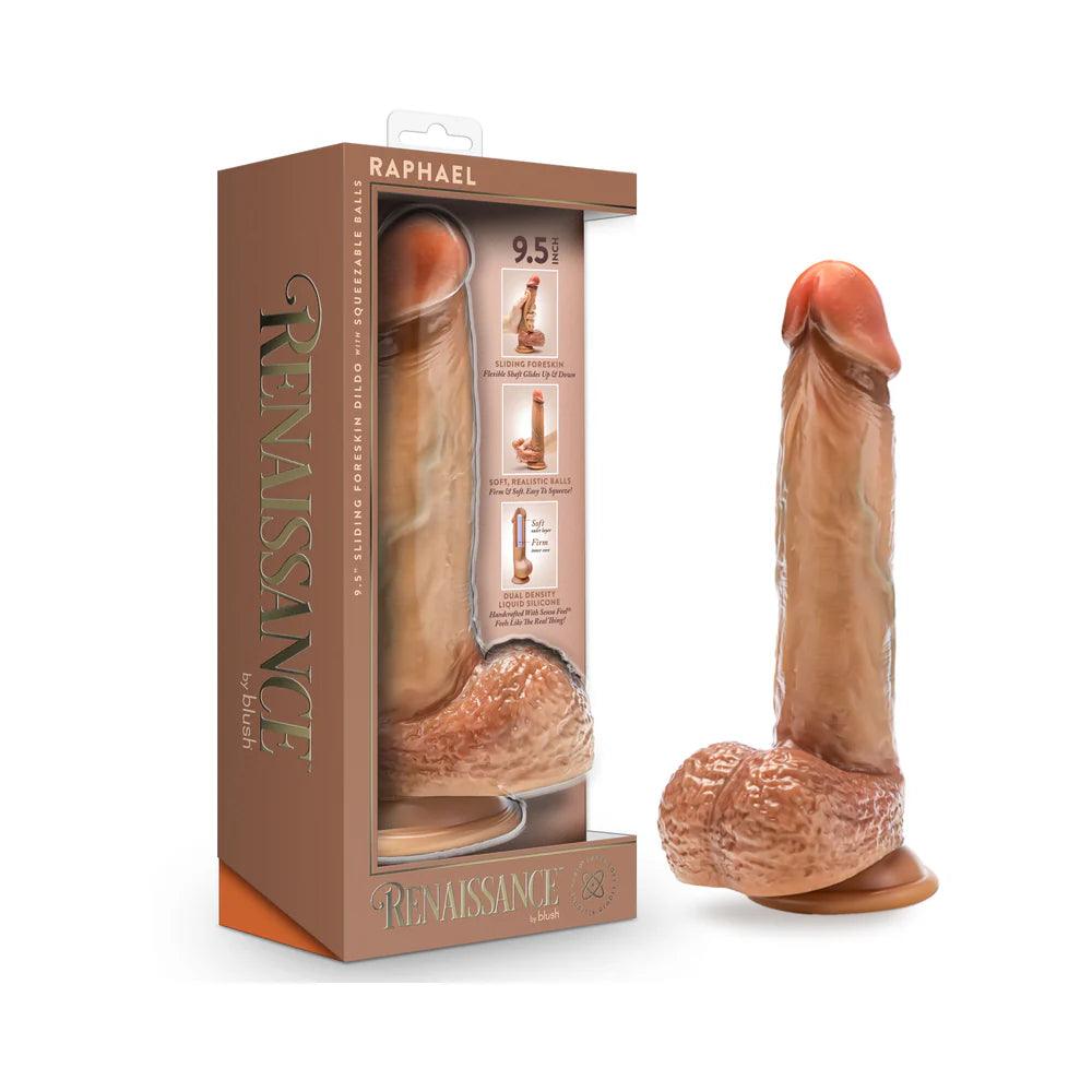 blotched-dildo-Renaissance Raphael Sliding Foreskin Dildo with Squeezable Balls 9.5 in.