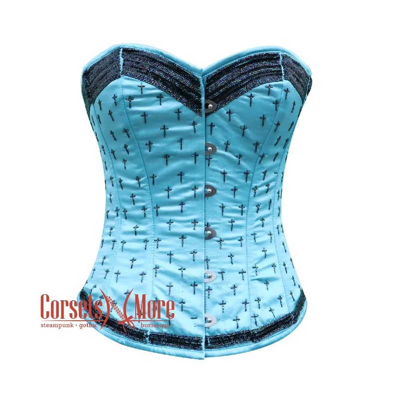 Corset top with velvet ruffle-Baby Blue Satin Black Sequins Burlesque Gothic Corset Bustier Overbust