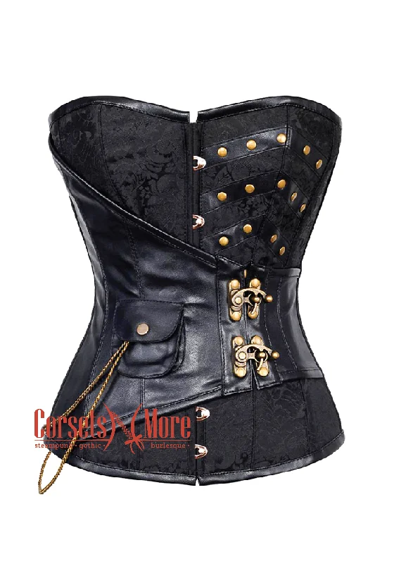 Corset in pale silver-Black Brocade Leather Steampunk Overbust Costume Corset