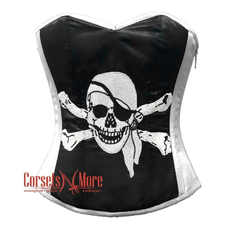 Corset for timeless chic-Black and White Satin Pirate Sequins Work Costume Bustier Steampunk Waist Cincher Overbust Top