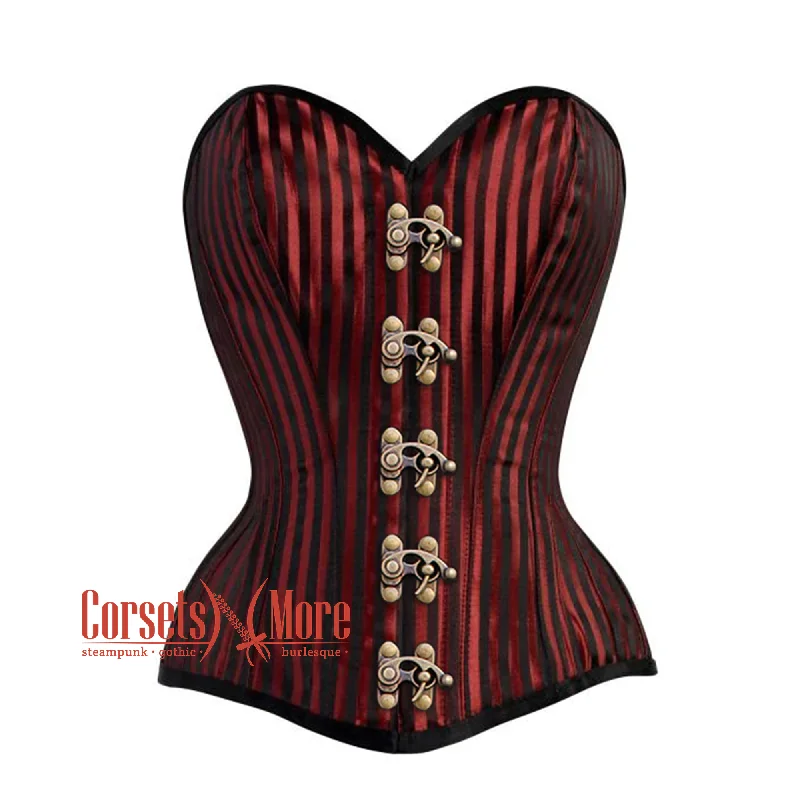 Corset for chic allure-Red And Black Striped Brocade Antique Clasps Steampunk Costume Gothic Corset Overbust Top