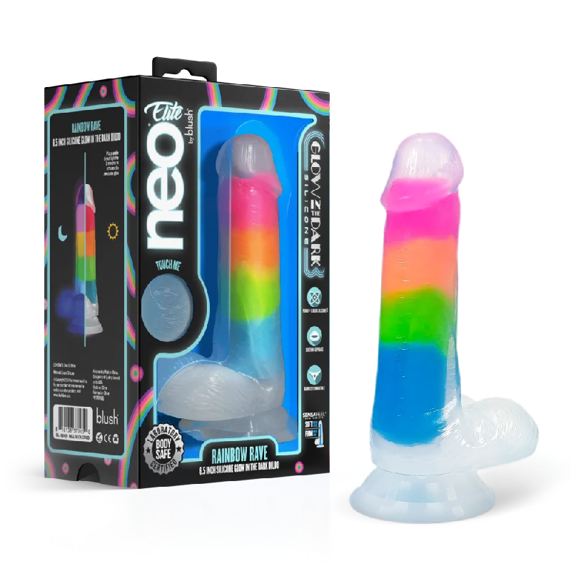 hefty-dildo-Neo Elite By Blush® | Rainbow Rave - 6.5 Inch Glow-In-The-Dark Dildo - Dual Density Liquid Silicone – Harness Compatible - Rainbow