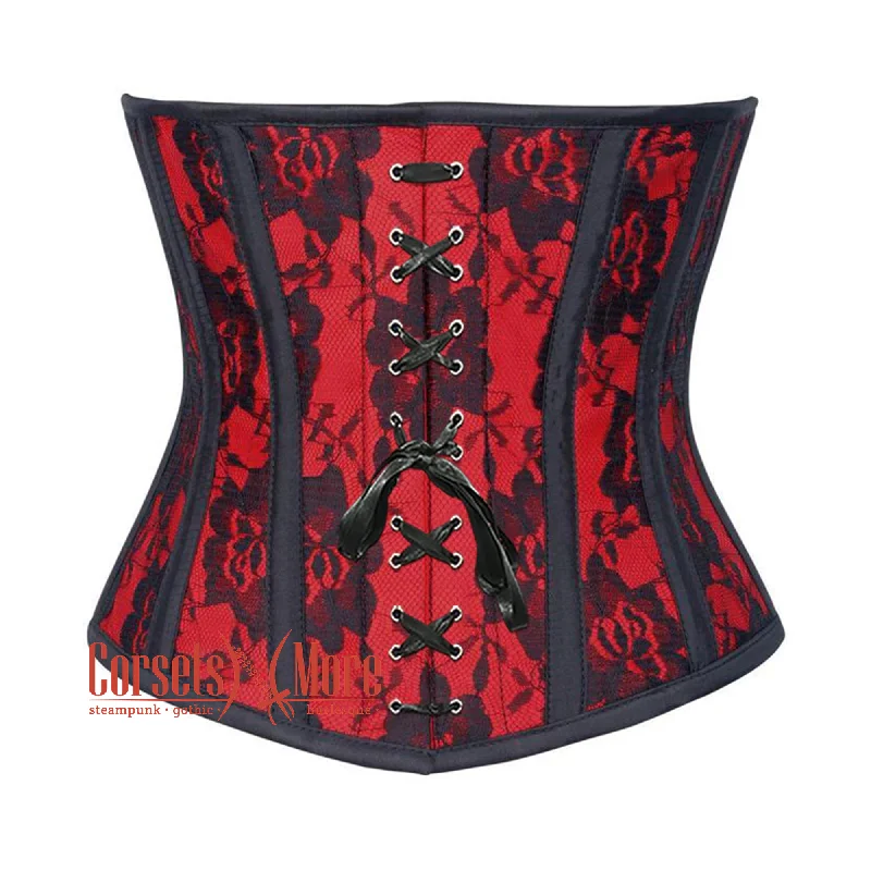 Corset in rich aqua-Red Satin Net Overlay With Front Lace Gothic Waist Training Steampunk Underbust Corset