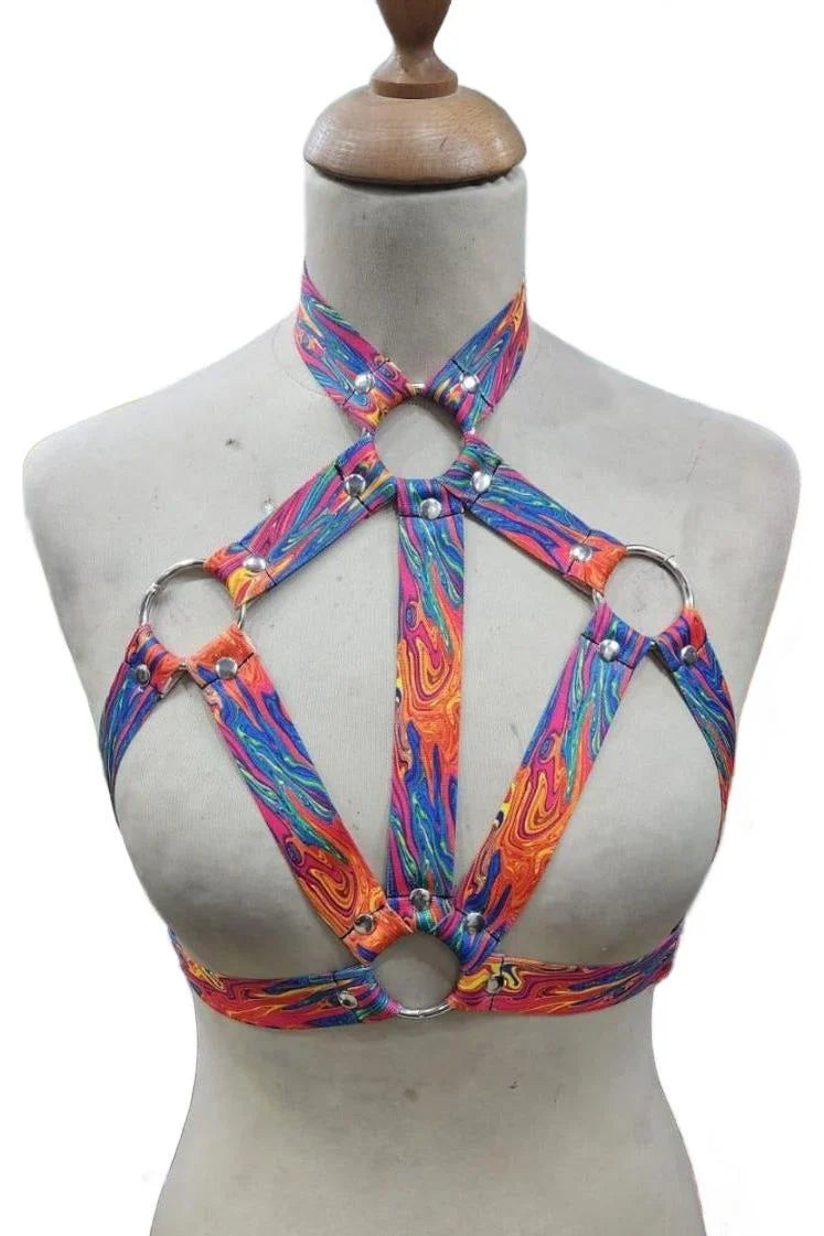 Vibrating toys with mild waves-Tie Dye Printed Stretchy Body Harness