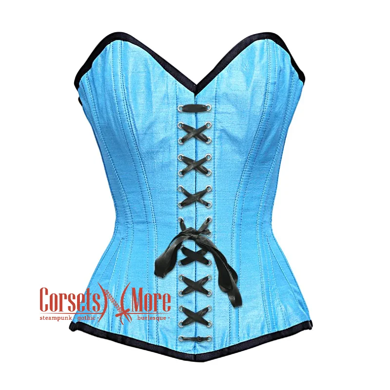 Corset in pale emerald-Plus Size Baby Blue Satin Burlesque Front Lace Waist Training Costume Gothic Corset Overbust Top