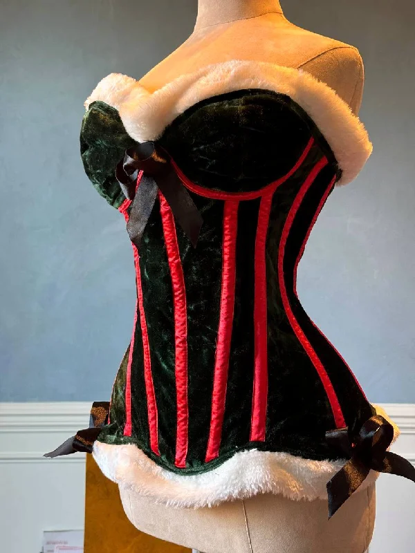 Corset in warm cream-Green velvet Christmas Elf corset with white fur and cups. Corset is made personally according to your measurements.