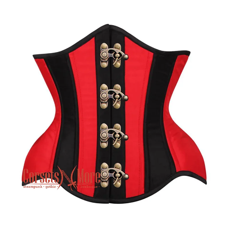 Corset in light cerise-Red And Black Satin Burlesque Front Antique Clasps Waist Training Underbust Corset