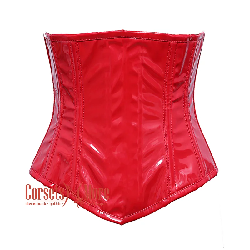 Corset dress for night glamour-Red PVC Leather Front Closed V Shape Underbust Steampunk Corset