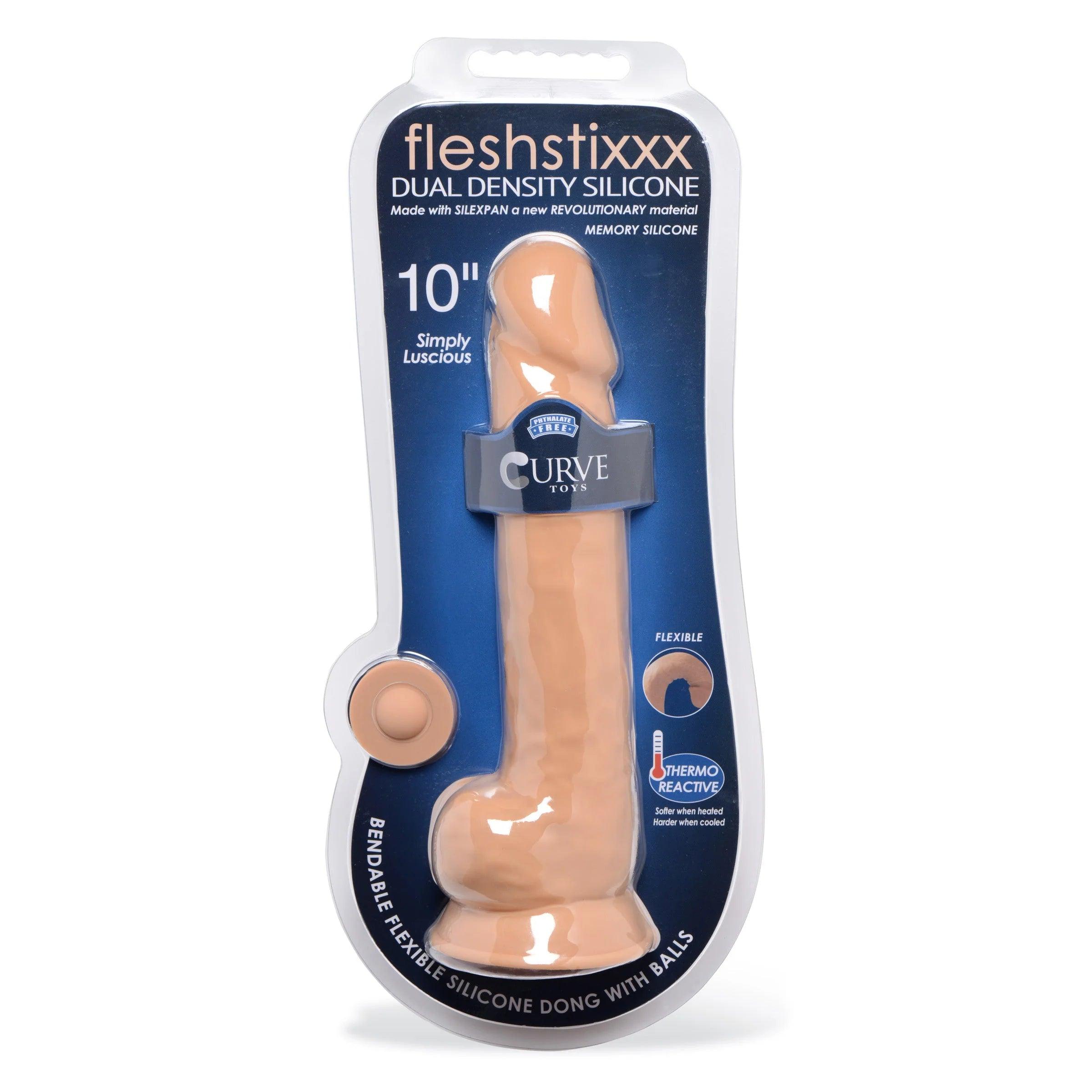 epic-length-dildo-Curve Fleshstixxx Dual Density Silicone Bendable Dong with Balls 10in