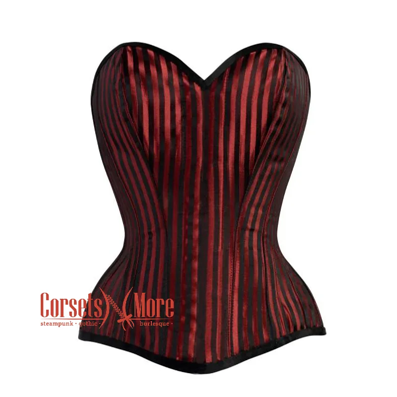 Corset for timeless shaping-Red And Black Striped Brocade Front Closed Steampunk Costume Gothic Corset Overbust Top